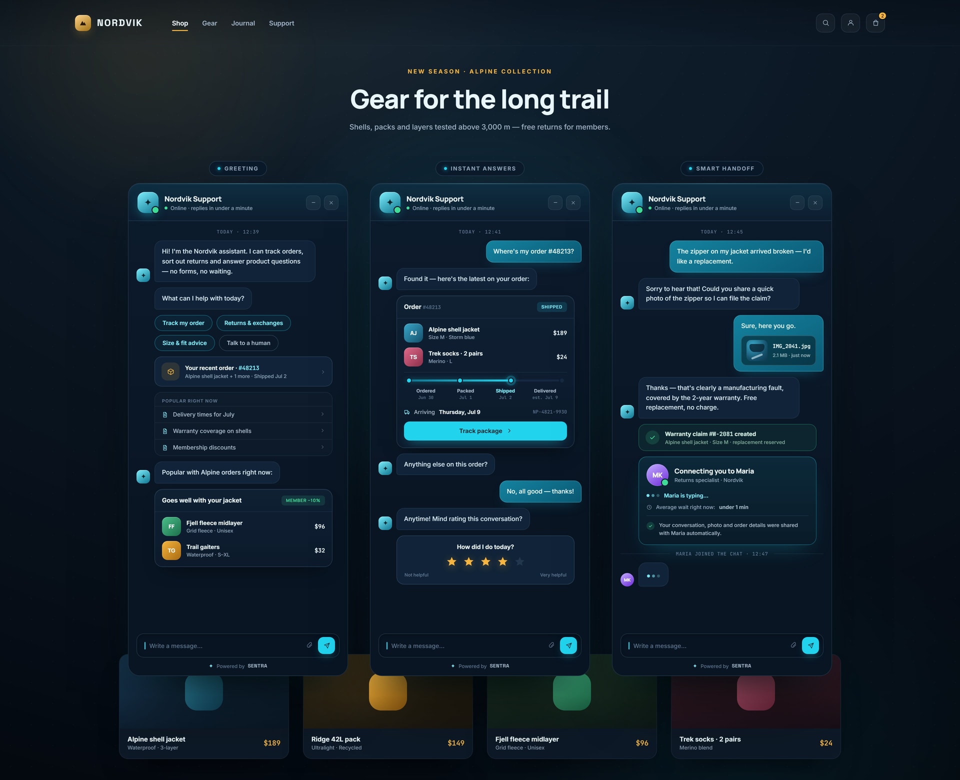 Sentra customer chat widget states