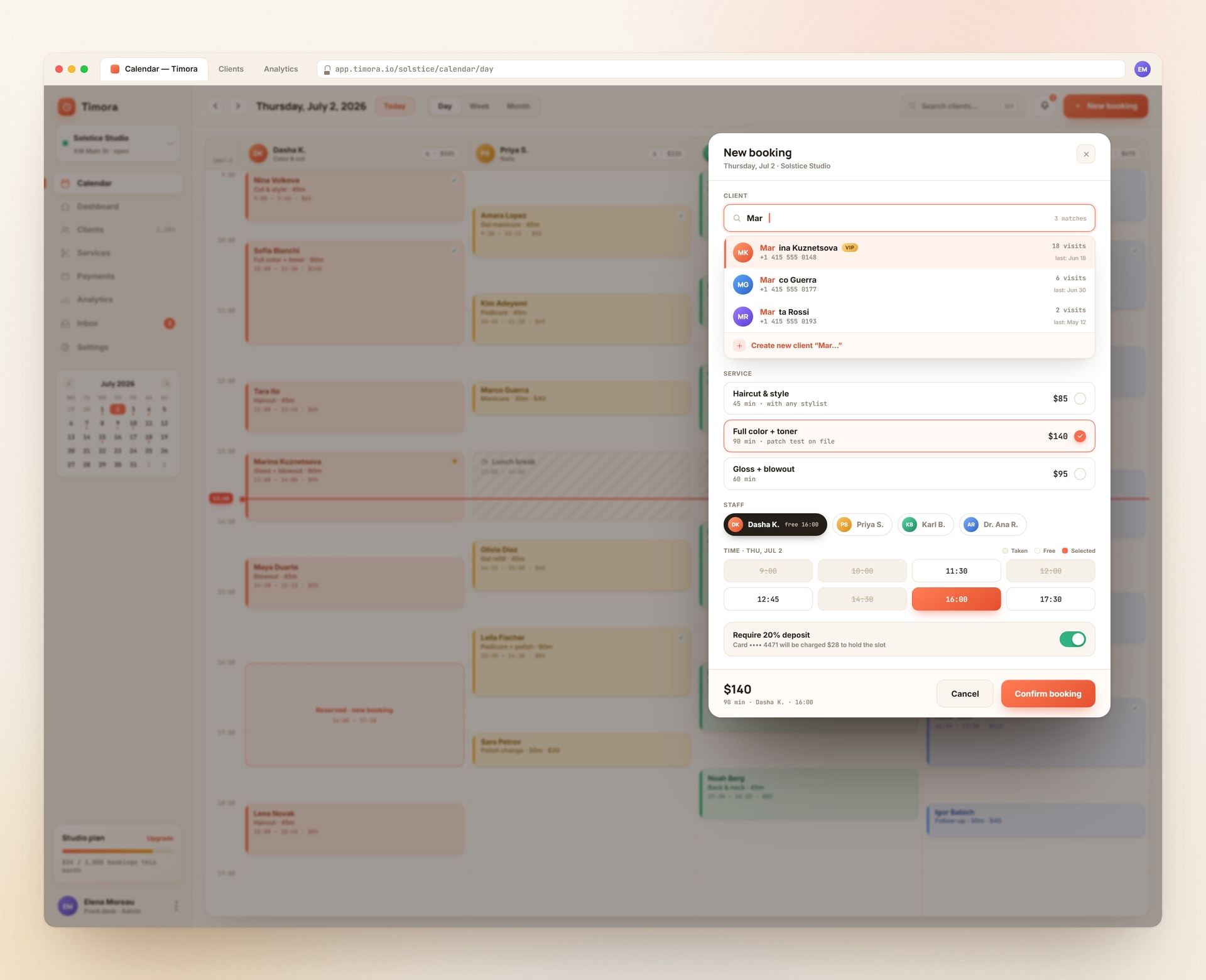 Timora day view calendar and booking modal