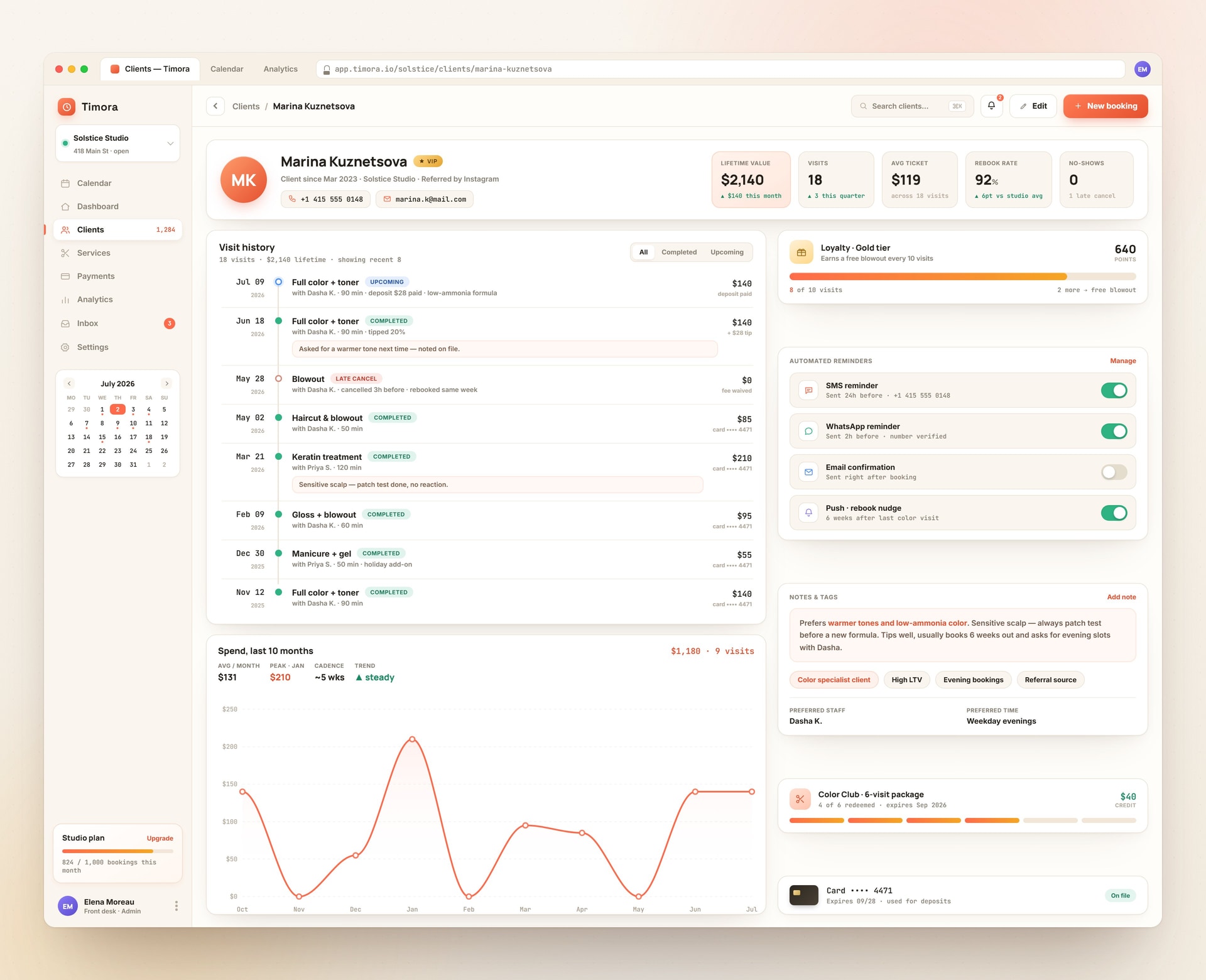 Timora client profile with visit history