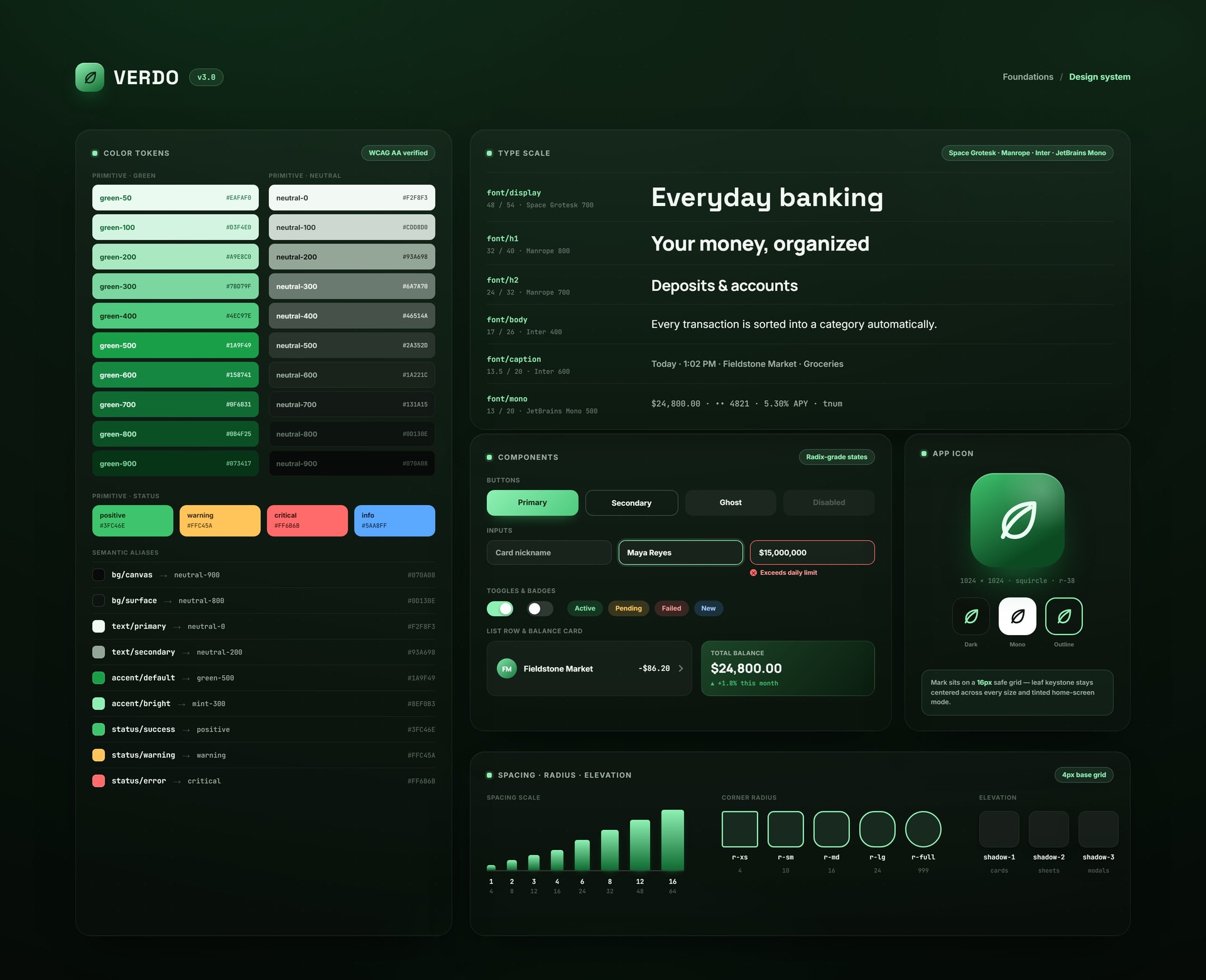 Verdo dark-mode typography and color system