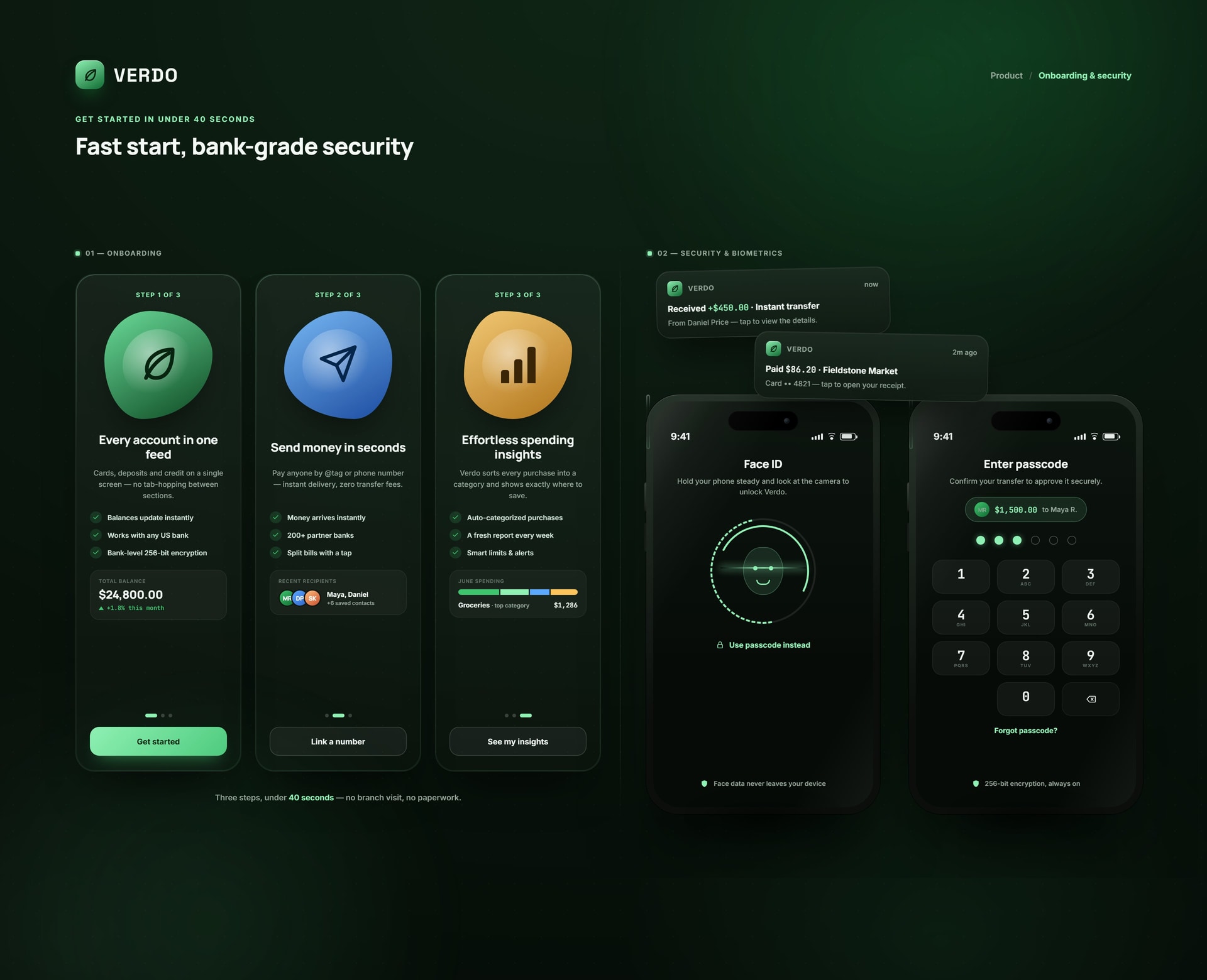 Verdo onboarding and biometric setup screens