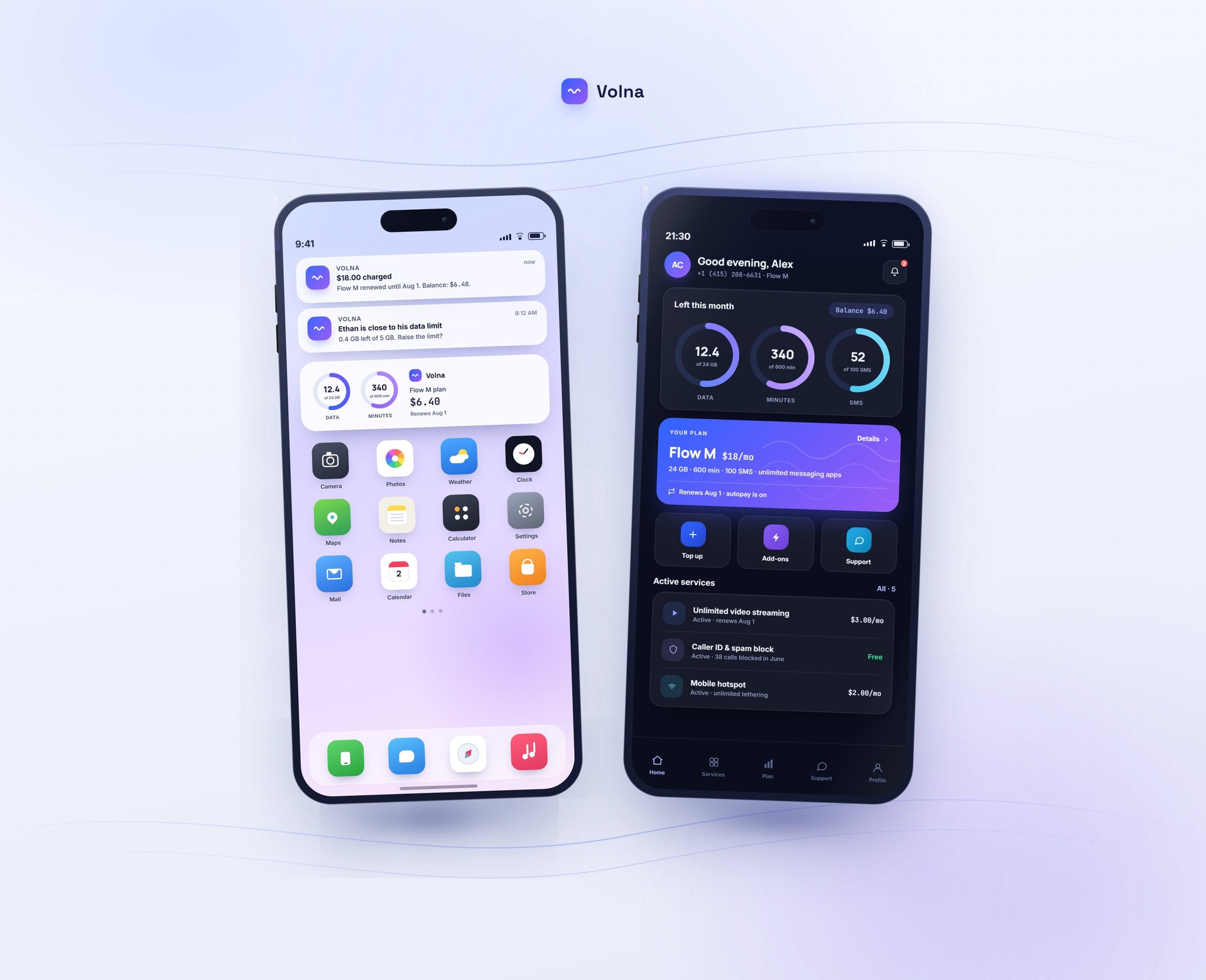 Volna widgets, notifications and dark theme